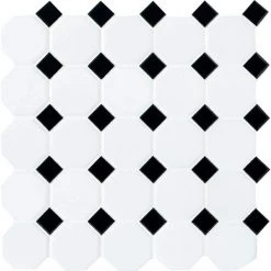 Octagon and Dot Matte White with Black Dot 12 in. x 12 in. x 6 mm Ceramic Mosaic Floor and Wall Tile (1 sq. ft./ Each) by Daltile